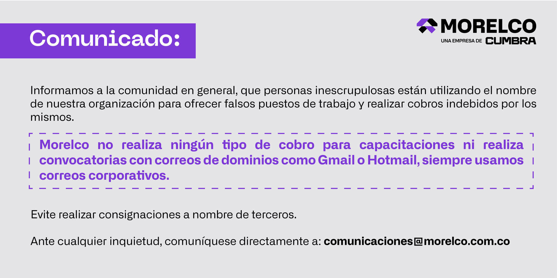 Comunicado de Morelco, una empresa de Cumbra